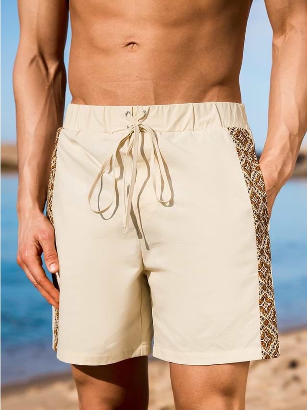 Cupshe Cream Swim Trunks with Patterned Side Panels